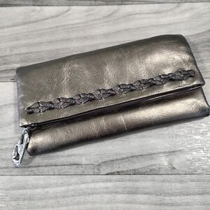 Brighton Metallic Gunmetal Leather Trifold Clutch Wallet Braided Detail Preppy
